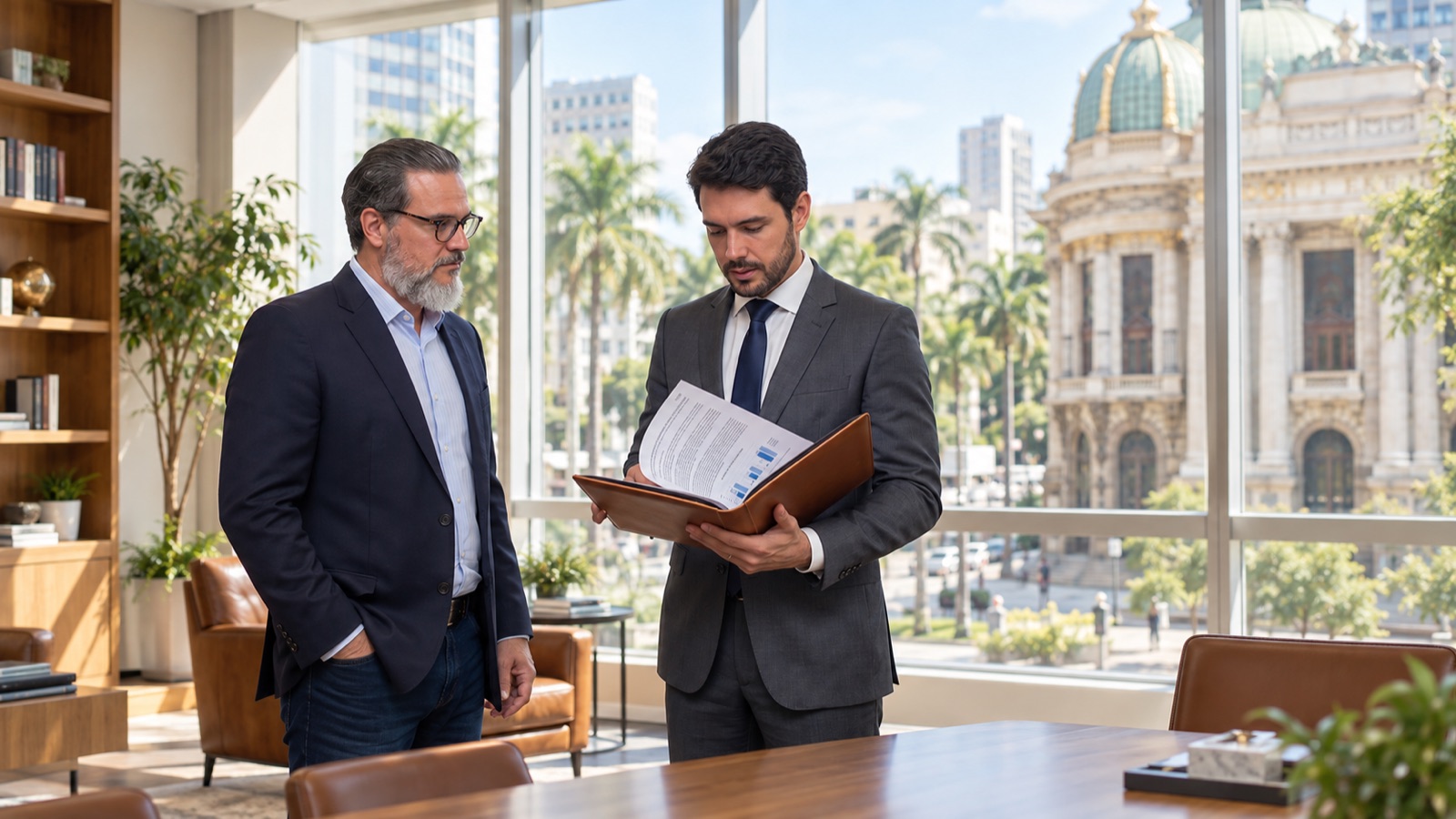 Reunião no escritório da ECAC Digital no Centro do Rio de Janeiro, com o Theatro Municipal ao fundo